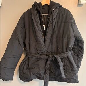 BlankNYC Black Puffer Jacket with Belt snd zip off hood.